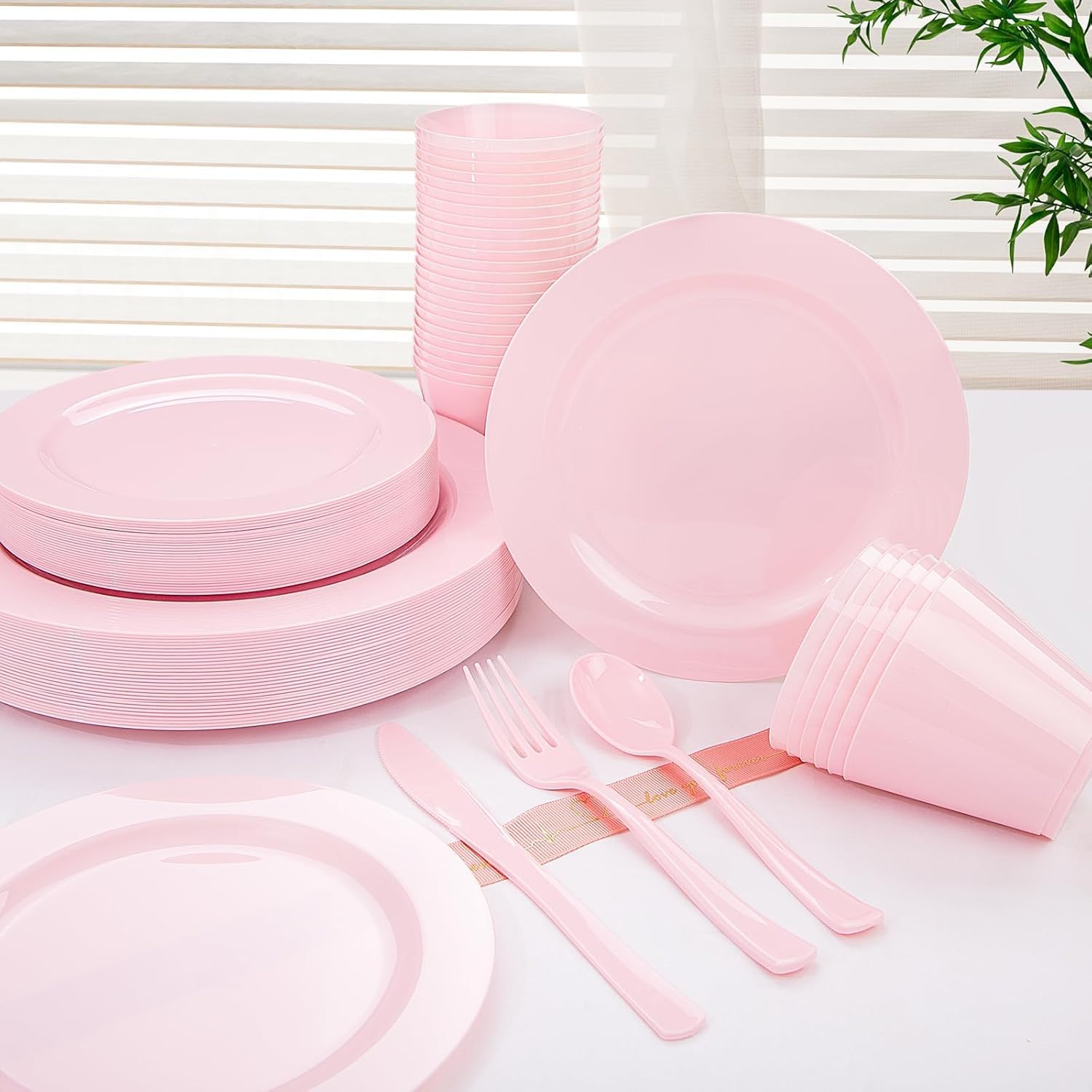 KIRE 150 Pieces Pink Plastic Plates Disposable - Pink Dinnerware Set Include 25 Dinner & 25 Salad Plates 25Forks 25Knives 25Spoons 25 Cups for Baby Shower/Bridal Shower