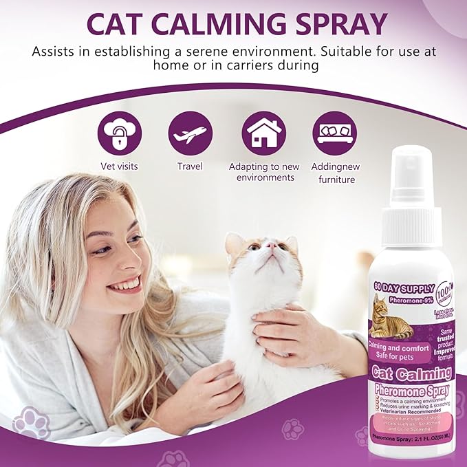 Cat Calming Pheromone Spray, Feline Calm Pheromones Spray- Anti Anxiety Pet Products, Cats Reduces Scratching Furniture Peeing Marking Calming Cat for Travel, Vet Visits - 60 Day Kit (2 * 60 mL)-PawvioPets