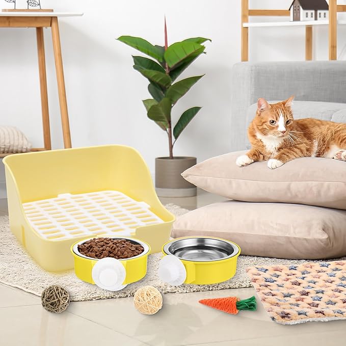 15 Pcs Rabbit Starter Kit Small Rabbit Litter Box Animal Grooming Kit Bunny Toys Bowl Blankets with Cleaning Set for Guinea Pig Accessories(Blue)-PawvioPets