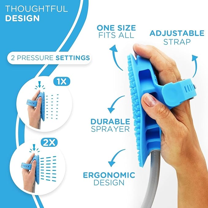 Aquapaw 5-in-1 Horse & Dog Bath Brush & Curry Comb - XL Blue Silicone - Includes 3-ft Shower Hose Attachment & Adapter - Adjustable Spray Scrub Massager - Dog Grooming Supplies-PawvioPets