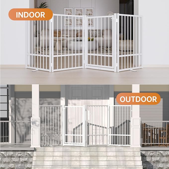 Full Metal Freestanding Dog Gate with Door, 32''Height Foldable Pet Dog Fence for Indoor & Outdoor, 4 Panels Extra Wide Free Standing TallDog Gates for Doorways,House,Stairs,Porch,Deck,Yard-PawvioPets