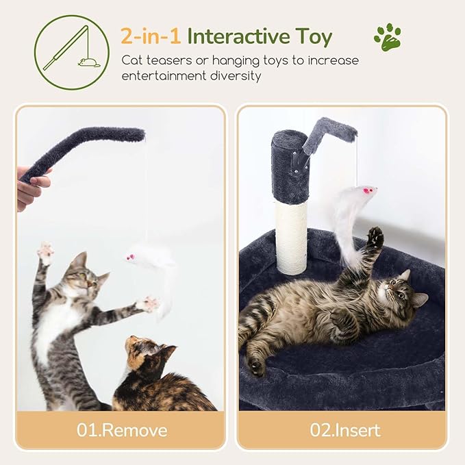 Globlazer Large Cat Tree Tower, Tall Cat Tree Condos for Indoor Cats Large Adult Cat Climbing Tower with 2 Spacious Caves, Oversized Top Perch, Big Hanging Basket, Cat Teaser Wand, F74B, Dark Grey-PawvioPets