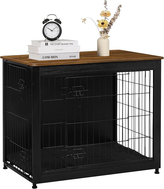 DWANTON Dog Crate Furniture with Cushion, Wooden Kennel Table with Double Doors, Indoor Dog House, Medium Size, 32.5" L, Black+Warm Brown-PawvioPets