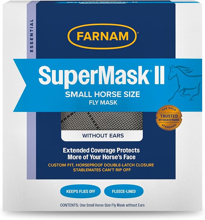 Farnam SuperMask II Fly Mask Without Ears for Smaller Horses or Arabian Horses,Full Face Coverage & Eye Protection from Insect Pests, Structured Classic Mesh with Plush Trim,Small Horse/Arabian Size-PawvioPets
