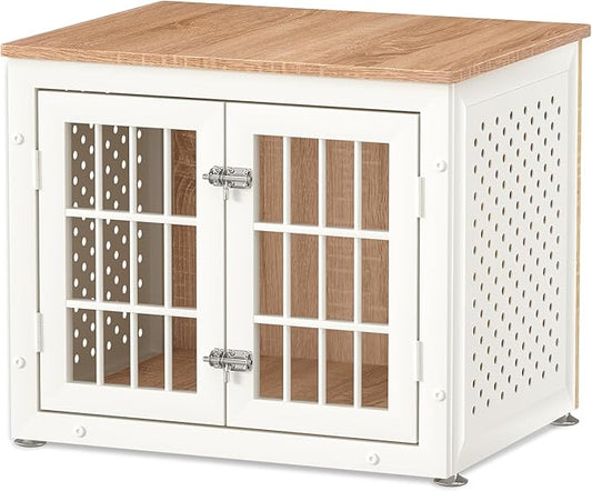 26" Heavy Duty Dog Crate Furniture for Small Dogs, Metal Kennel for High Anxiety Dogs, Chew Proof Pet Cage Indoor, Decorative Dog Kennel End Table,White-PawvioPets