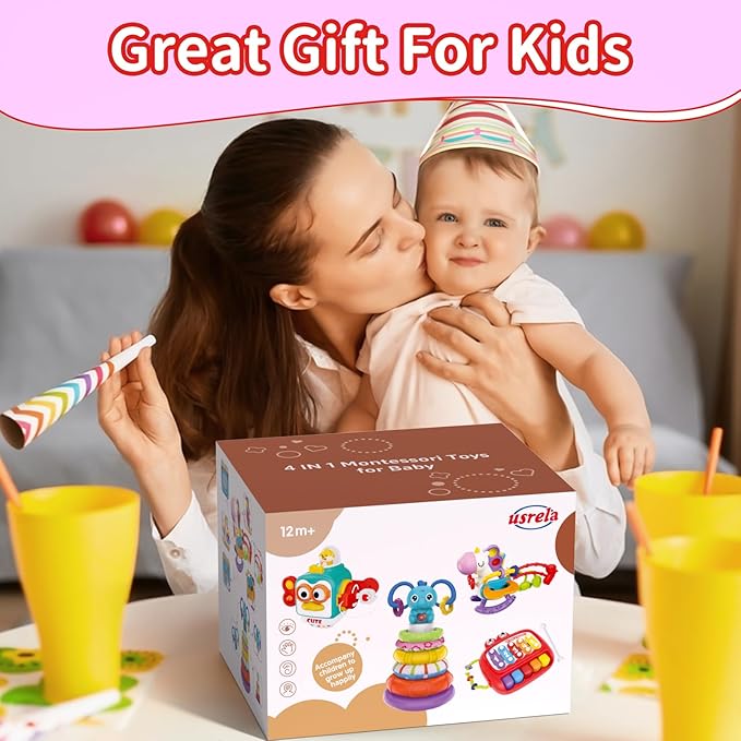 4 in 1 Baby Toy for 6 9 12 18 Month, Learning Toys for Babies 6-12 Months, Baby Busy Cube, Stacking Sorter, Pull String & Piano Xylophone Travel Toy, Birthday Gift for 1 2 Year Old-PawvioPets