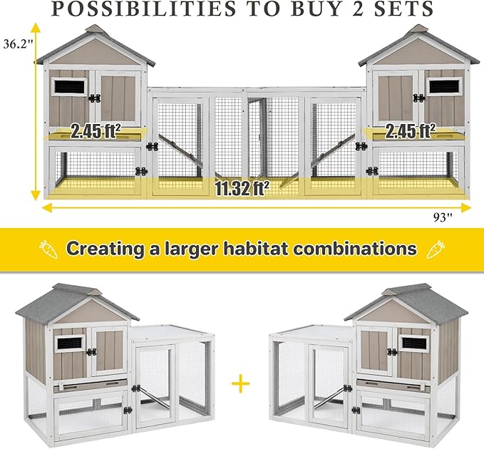 47''L Rabbit Hutch Outdoor Chicken Coop with Run, Wooden Indoor 2 Story Bunny House with Waterproof Roof, Pull Out Tray, Guinea Pig Rabbit Duck Cage for Small to Medium Animals and Pet Lover, Gray-PawvioPets
