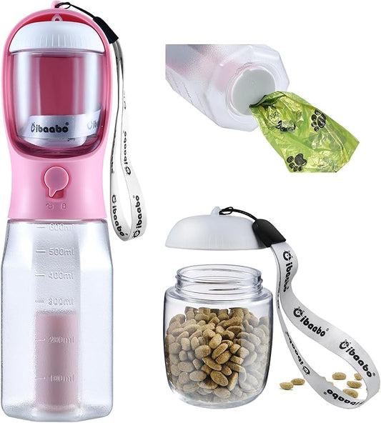 Dog Water Bottle with Food Container & Poop Bag Holder, Travel Water Bowl, Portable Pet Dispenser, Girl Dog Accessories Stuff Items Essentials Gift for Yorkie Chihuahua Walking Hiking-PawvioPets