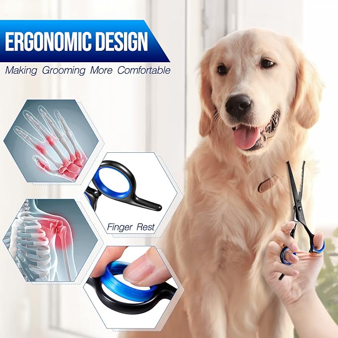 Gimars Dog Grooming Scissors Kit Professional 4CR with Safety Round Tip, 5 in 1 Heavy Duty Titanium Coated Thinning & Curved & Straight Shears-PawvioPets