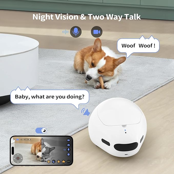 Cat Camera with Interactive Pointer Toy, Moving Robot for Dog and Cat, Mobile Pet Camera Treat Dispenser with Phone App, Auto Recharging and Night Vision, Two-Way Audio (2.4G Wi-Fi Only)-PawvioPets