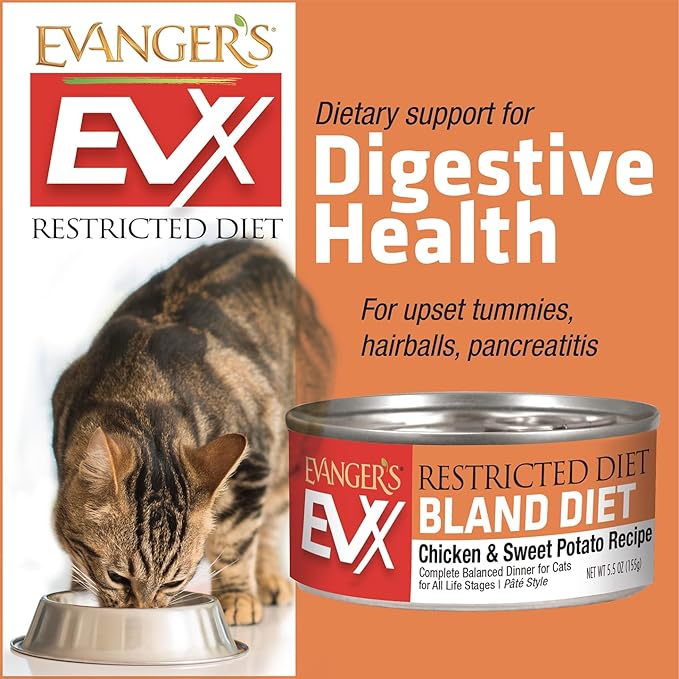 Evanger's EVX Restricted Diet Bland Diet Canned Cat Food – 24 Count, 5.5 oz Each – Chicken & Sweet Potato Recipe with Prebiotics & Postbiotics for Digestive, Microbiome & Gut Health Support-PawvioPets