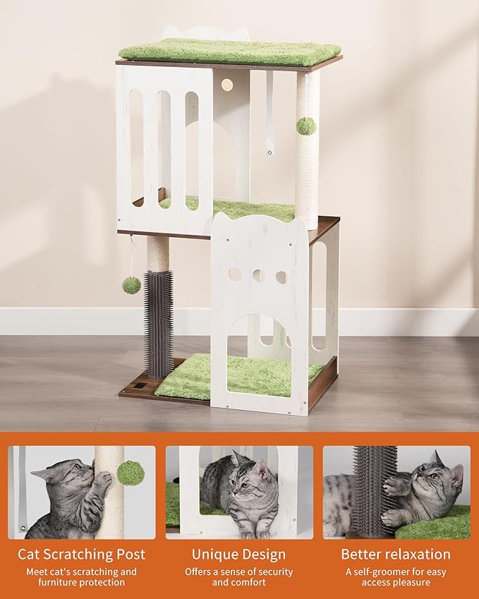 FourFurPets 43.7in 3-Tier Modern Cat Tree Tower Condo, Cat Scratch Posts for Indoor Cats, Big Plate, Two 19.7in Full Sisal Scratching Posts, White-PawvioPets