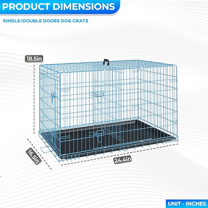 FDW Dog Crate for Small Dogs 24 Inch Folding Metal WirePet Cage Double Door W/Divider Panel Indoor Outdoor Kennel Leak-Proof Plastic Tray,Blue-PawvioPets