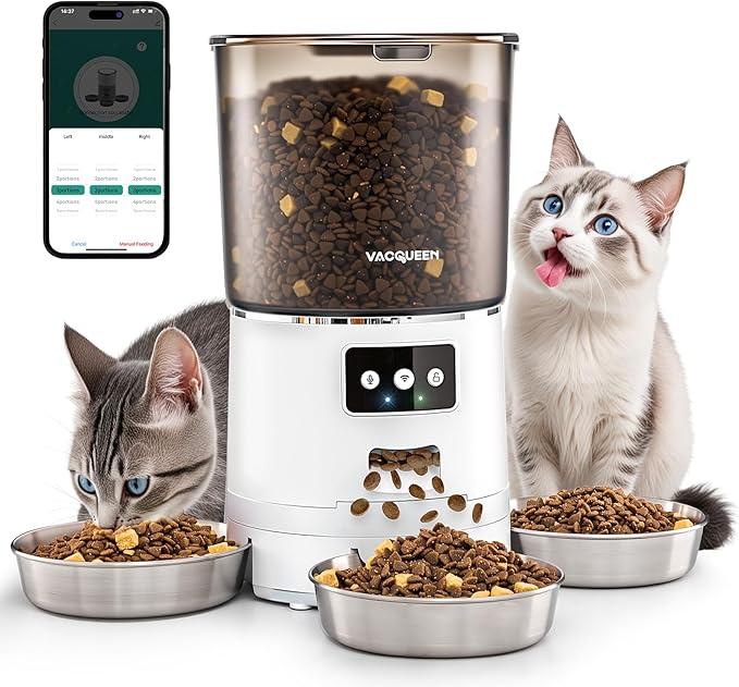 Automatic Cat Feeder for 3 Cats, 6L/25 Cups Smart WiFi Pet Feeder, Strong Anti-Jam System, Dual-Effect Desiccant Cat Food Dispenser, with 10S Voice Recorder for Cats and Small Dog(White)-PawvioPets