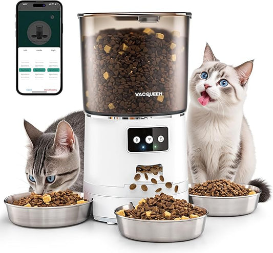 Automatic Cat Feeder for 3 Cats, 6L/25 Cups Smart WiFi Pet Feeder, Strong Anti-Jam System, Dual-Effect Desiccant Cat Food Dispenser, with 10S Voice Recorder for Cats and Small Dog(White)-PawvioPets