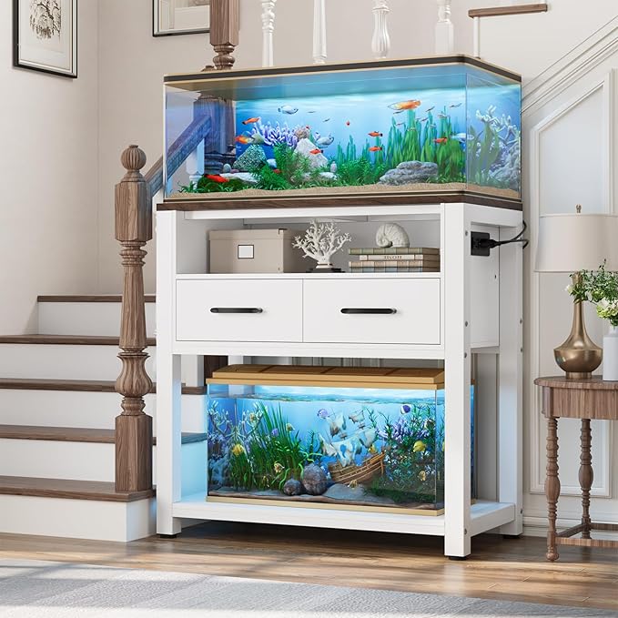 20-29 Gallon Aquarium Stand with Stable Metal Frame & Power Outlet, Heavy-Duty Fish Tank Stand with Waterproof Mat, 550LBS Capacity Storage Cabinet, White+Brown-PawvioPets