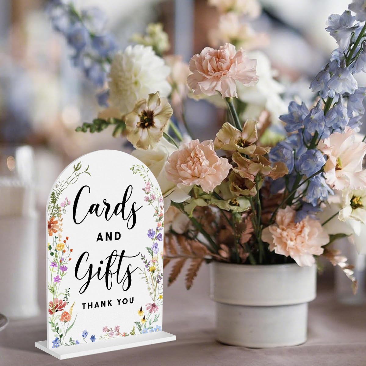 Acrylic Wedding Signs, Cards and Gifts Signs for Marriage Reception, Bridal Shower Decorations, Modern Arched Round Top Acrylic Table Top Sign with Holder for Wedding Party Dinner (White Wildflowers)