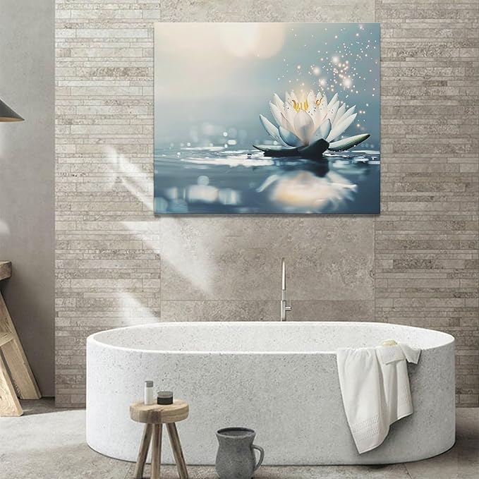 Bathroom Lotus Wall Art Floral Pictures Zen Meditation Wall Decor Yoga Spa Spiritual Canvas Print Painting Artwork for Bathroom Restroom Living Room Bedroom 20"x24"-PawvioPets