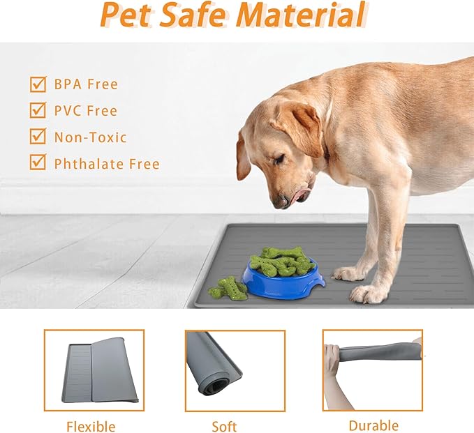 18" x 12" Dog Food Mat, Silicone Pet Mats for Food and Water, Nonslip Pet Feeding Mats for Floors, Dog Cat Bowl Mat with Raised Edges, Light Gray-PawvioPets