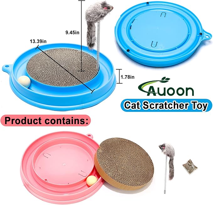 AUOON Cat Scratcher Toy - Cat Scratch Pad with Cat Toy Ball Track and Plush Mouse Toy for Indoor Cats and Kittens (Blue)-PawvioPets