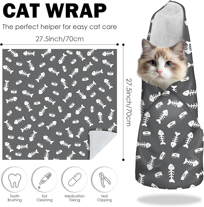 27.6" Cat Grooming Wrap, Self Adhesive Cat Wrap for Cutting Nails, Anti-Escape Calming Cat Swaddle Wrap for Medicine Ear Cleaning, Anti-Scratch Cats Burrito Restraint Blanket, Practical Pet Tool Grey-PawvioPets