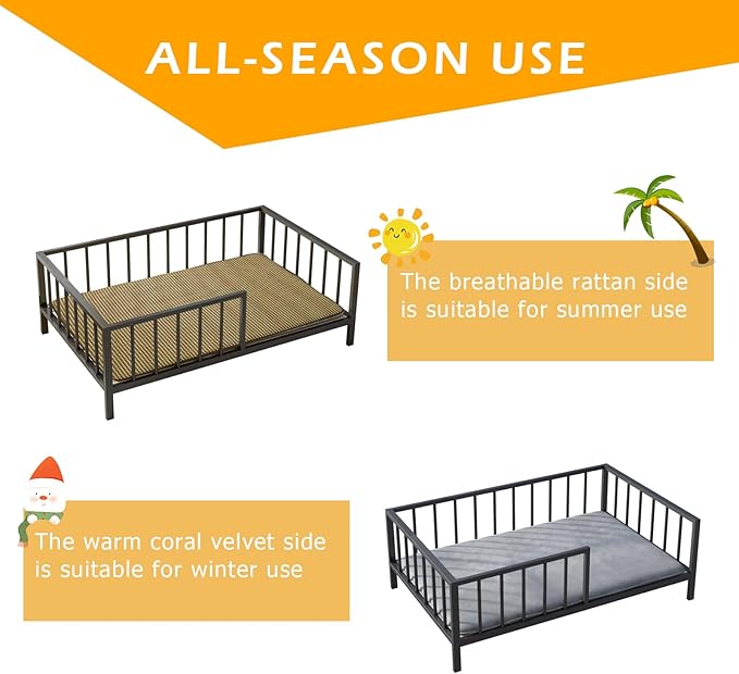 Dog Bed with Rails - Elevated Pet Metal Bed Frame with Solid Wood Board and Washable Soft Mat for Medium Dog Indoor or Outdoor Use, 25.2" x 37.8", Black-PawvioPets