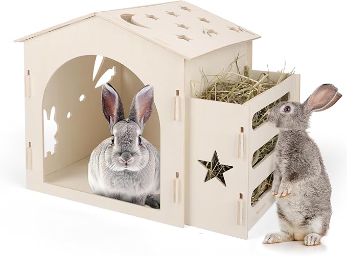 Extra Large Rabbit House & Rabbit Hay Feeder, Indoor Bunny Hideout with Feeder, Small Animal Houses & Habitats and Guinea Pig Hay Feeder-PawvioPets