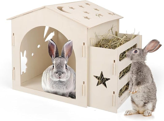 Extra Large Rabbit House & Rabbit Hay Feeder, Indoor Bunny Hideout with Feeder, Small Animal Houses & Habitats and Guinea Pig Hay Feeder-PawvioPets