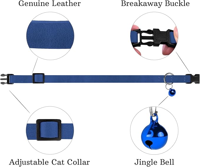 Breakaway Cat Collar Leather with Removable Bell - 13 Colors Available - Soft Adjustable Girl Boy Safety Lightweight Pet Kitten Collars Pink Brown Blue Green Red Orange Black (Blue)-PawvioPets