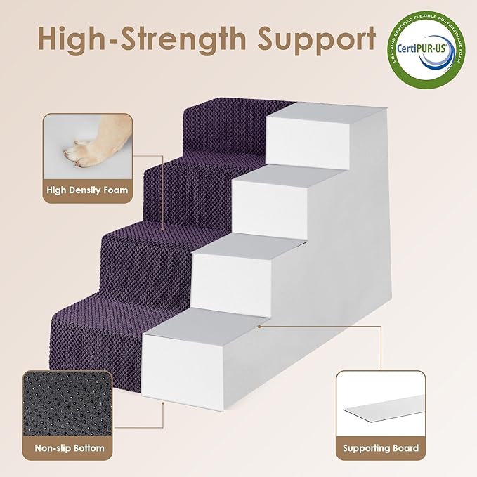 EHEYCIGA Dog Stairs for Bed 20" H, 4-Step Extra Wide Dog Steps for High Bed, Pet Steps for Small Dogs and Cats, Non-Slip Balanced Pet Ramp Indoor, Purple-PawvioPets