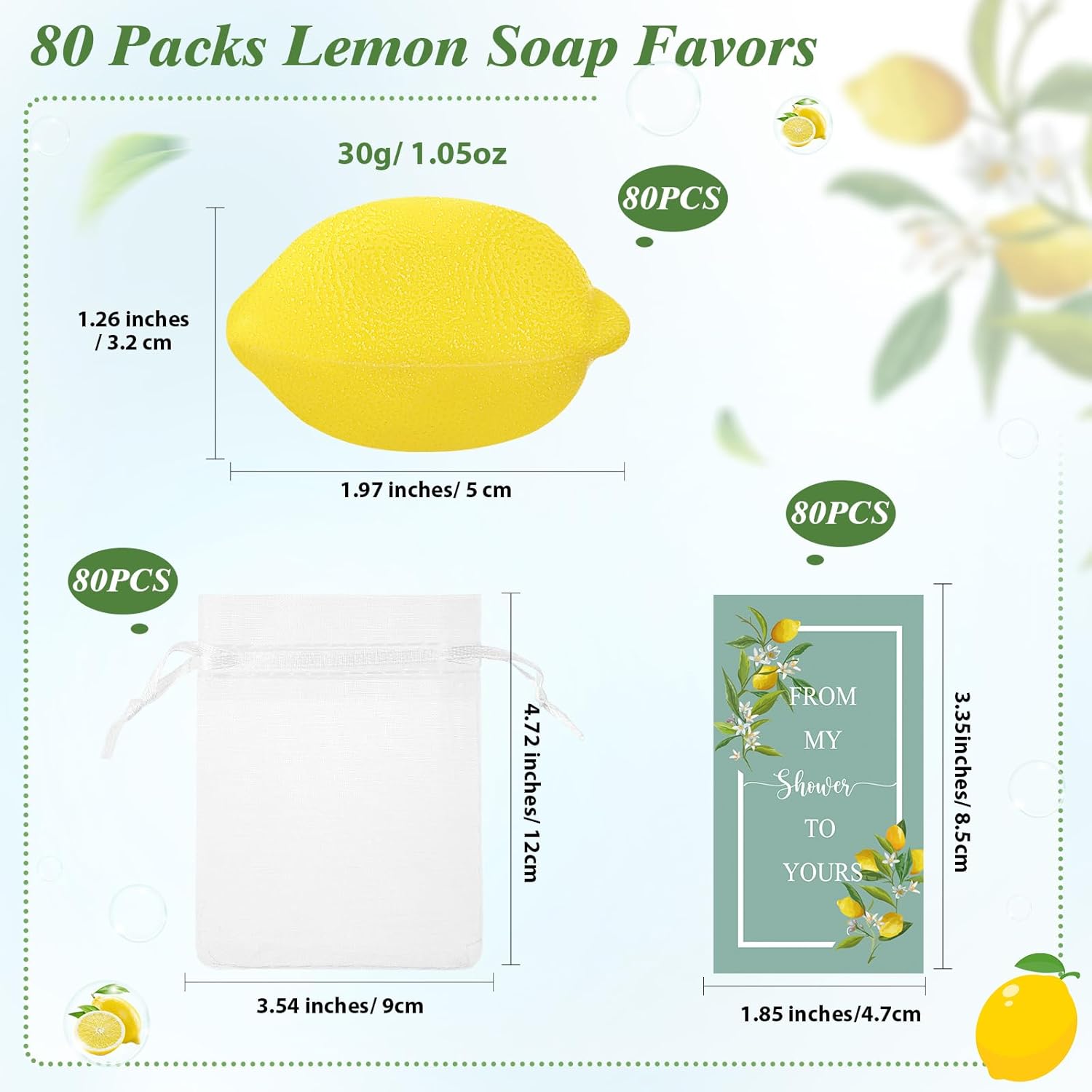Lounsweer Set of 80 Wedding Lemon Soap Favors Mini Bridal Shower Favors Natural Lemon Shaped Soap Bar with from My Shower to Yours Cards and White Organza Bags for Party Baby Shower Decorations