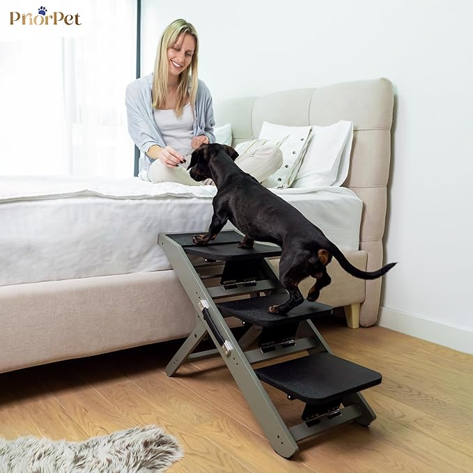 Dog Steps for Bed & Couch 2-in-1 Dog Stairs/Ramp - Height Adjustable Dog Ramp for Couch 7” - 20” - Pet Stairs, Dog Stairs for Small Dogs - Easy to Move Pet Steps with Landing Platform, Gray-PawvioPets