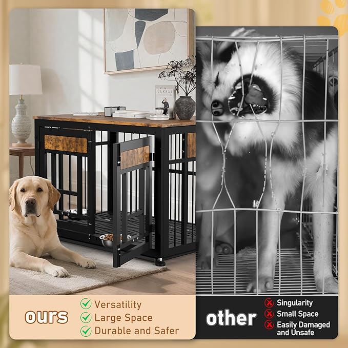 Dog Crate Furniture End Table 38 Inch Hidden Kennel Cabinet with Removable Tray, Thickened Metal Frame Dog Cage, Dual-Purpose Pet House & Nightstand for Living Room-PawvioPets