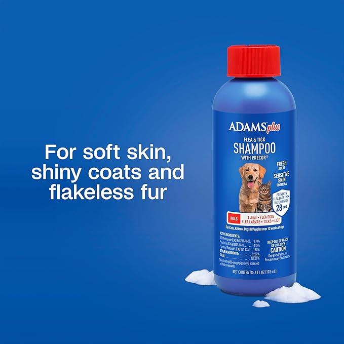 Adams Plus Flea & Tick Shampoo with Precor for Cats, Kittens, Dogs & Puppies Over 12 Weeks Of Age |Sensitive Skin Flea Treatment for Dogs & Cats |Kills Adult Fleas, Flea Eggs, Ticks, and Lice |6 Oz-PawvioPets