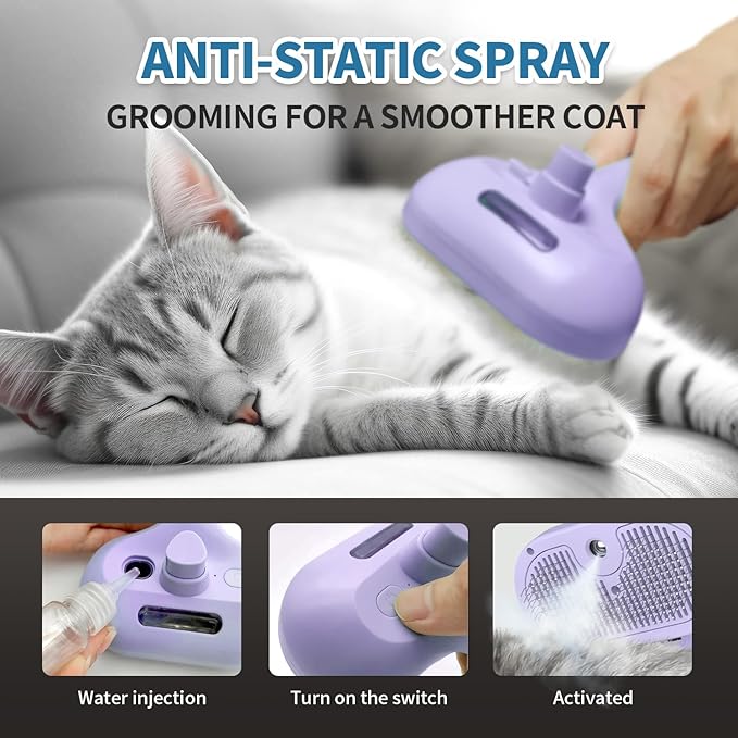 3 in 1 Steam Cat Brush for Shedding - Self-Cleaning Dog Grooming Tool for Long and Short Hair Pets - Removes Static, Flying Hair, and Loose Fur (Purple)-PawvioPets