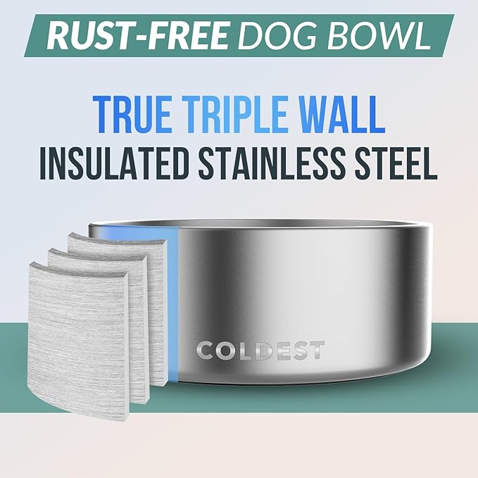 Coldest Dog Bowl - Anti Rust Metal, Non Slip, 3 Layers Insulated Stainless Steel Dog Bowls - Spill Proof & Heavy Duty - Water Bowl for Dogs, Cats, Dish Washer Safe (100 oz,Polished Stainless Steel)-PawvioPets