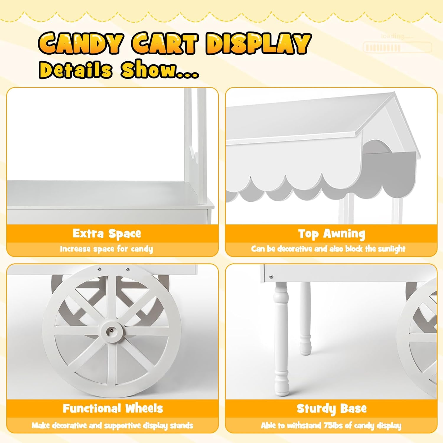 7FT Candy Cart Display Stand with Decorated Wheels, Dessert and Party Decoration Cart with 100 Ballons, Easy to Install Vintage for Parties, Birthdays, Weddings, (White)