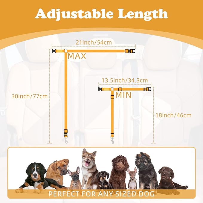 BWOGUE 2 Packs Dog Cat Safety Seat Belt Strap Car Headrest Restraint Adjustable Nylon Fabric Dog Restraints Vehicle Seatbelts Harness Yellow-PawvioPets