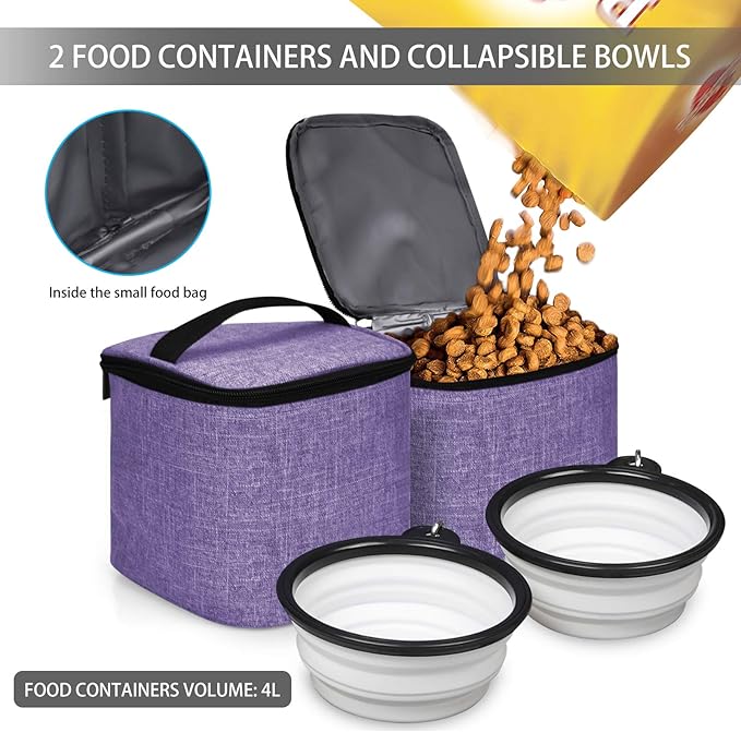BAGLHER Pet Travel Bag, Double-Layer Pet Supplies Backpack (for All Pet Travel Supplies), Pet Travel Backpack with 2 Silicone Collapsible Bowls and 2 Food Baskets Purple-PawvioPets