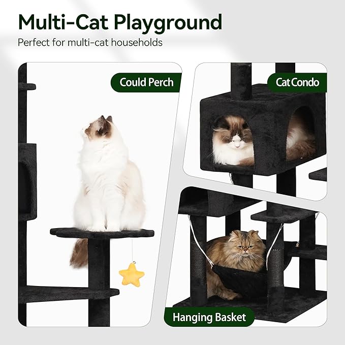 85inch Giant Cat Tree for Heavy Duty Big Cats, Multi-Level Luxury Cat Tower with Scratching Post, Cat Condo with Hammocks & Plush Perches for Indoor Cats Large Adult, Black-PawvioPets