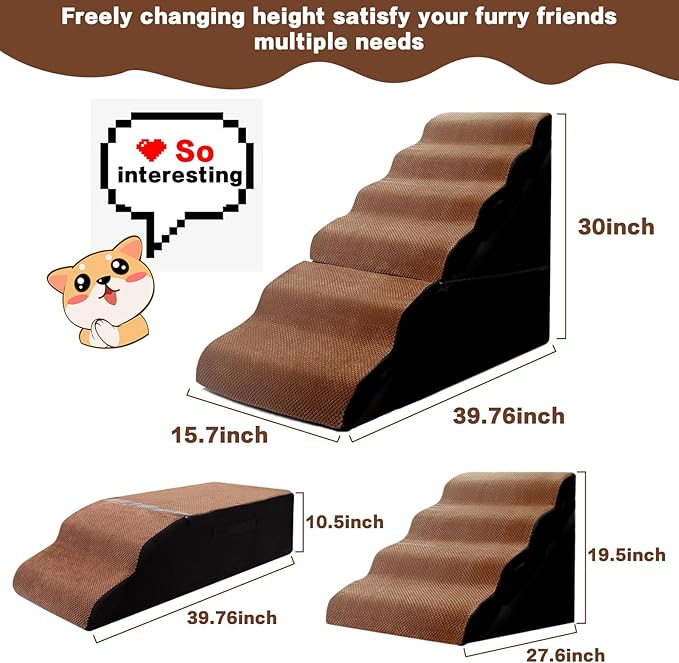 Dog Steps for High Beds 30-32" H - 6-Step Dog Stairs for Small Dogs, 33D Foam Pet Steps for High Bed with Non-Slip Bottom and Washable Cover, Dogs Ramp for Bed Indoor, Brown-PawvioPets