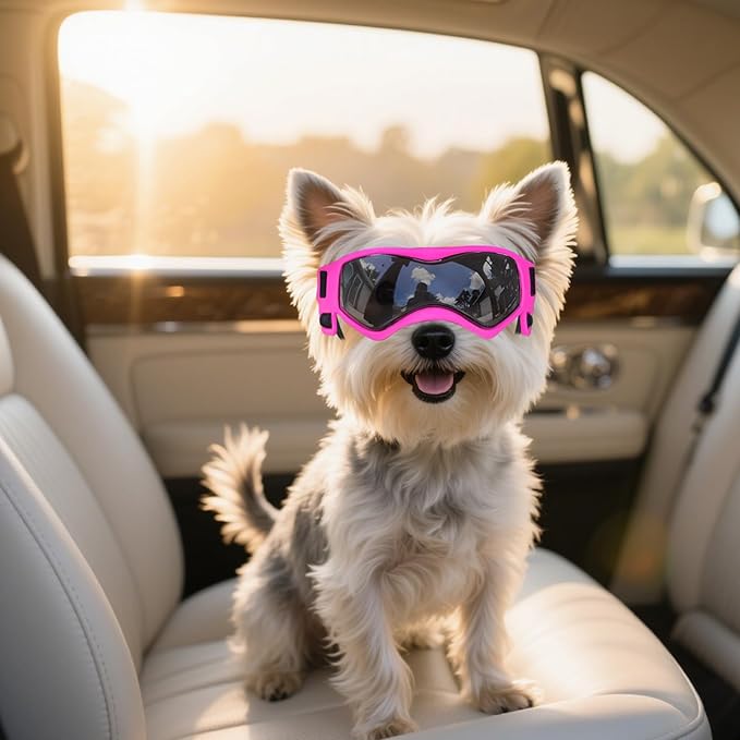 Dog Goggles Dog Sunglasses for Small Breed UV Protection Windproof with Adjustable Head Straps Chin Straps for Ride Car/Hiking Travel/On Beach-Pink-PawvioPets