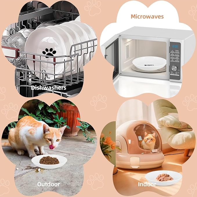 6 Pack Cat Food Bowl, Ceramic Cat Bowls, Anti Whisker Fatigue Cats Bowl Set,5.5 Inches Shallow Wide Kitten Plates for Food and Water (Cat's Paw Style)-PawvioPets