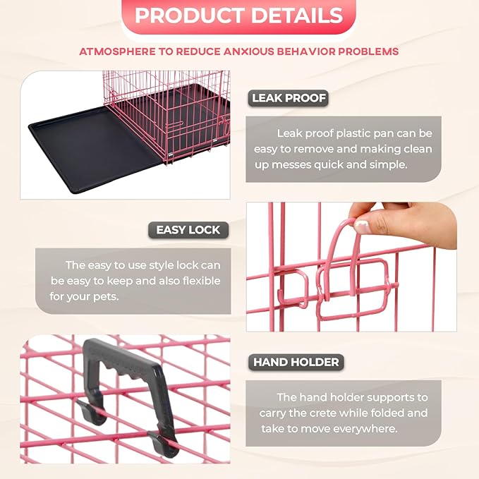 FDW Dog Crate for Large Dogs 48 Inch Folding Metal WirePet Cage Double Door W/Divider Panel Indoor Outdoor Kennel Leak-Proof Plastic Tray,Pink-PawvioPets