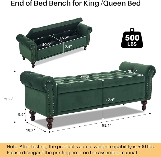 58.1'' Storage Bench Upholstered Velvet End of Bedroom Bed Bench Ottoman with Tufted Cushioned Rolled Arm Large Storage Space for Reading Living Room Entryway,Dark Green-PawvioPets