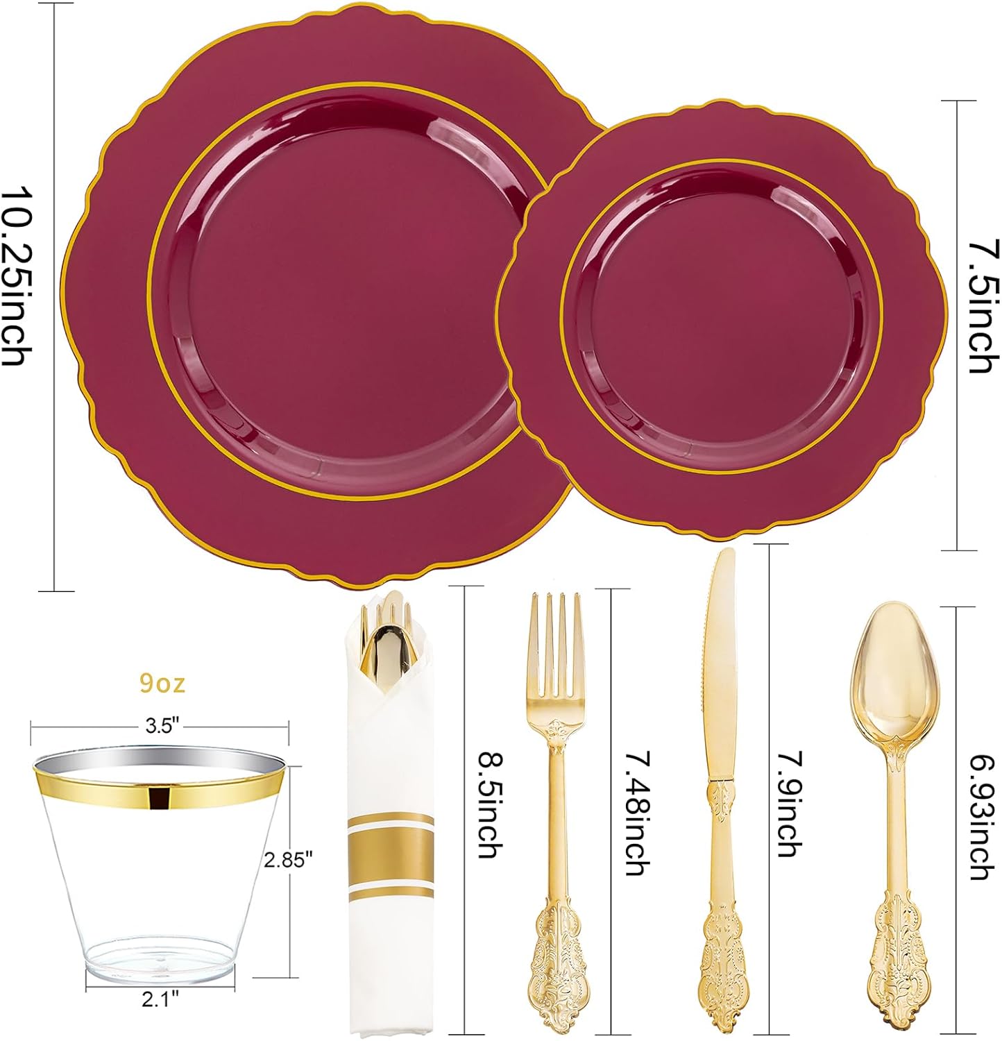 Liacere 350PCS Red Plastic Plates-Disposable Burgundy Red and Gold Plates 50guest Baroque Plastic Dinnerware include 100Plates, 50Pack Pre Rolled Napkins with Silverware 50Cups for Girlfriends' Day
