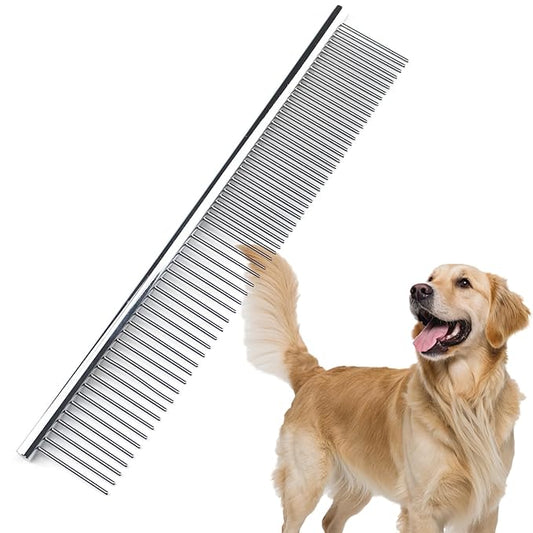 Dog Comb to Remove Tangles and Knots, Cat Comb with Stainless Steel Teeth and Non-Slip Handle, Dog combs for grooming matting for Long Haired Pets (Large)-PawvioPets