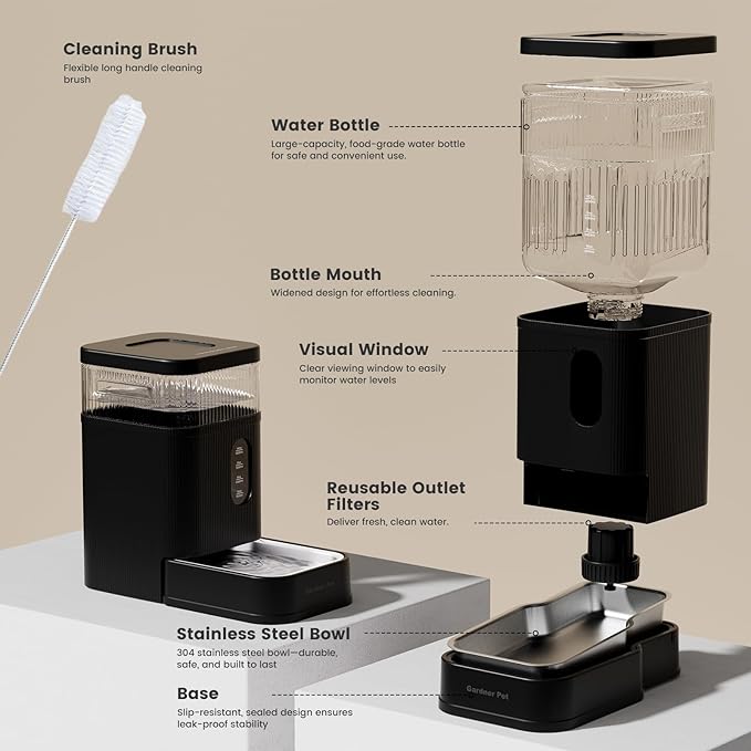 Gardner Pet Automatic Dog Water Dispenser Gravity Waterer with Stainless Steel Bowl Water Dispenser 8.5L Large Capacity Water Feeder for Dogs Cats Pets, BPA-Free Noise-Free (Black, 8.5L)-PawvioPets