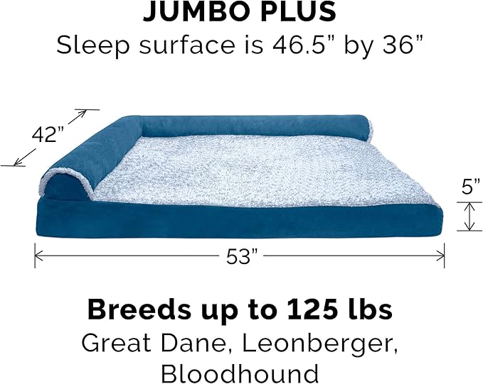 Furhaven Cooling Gel Dog Bed for Large Dogs w/ Removable Bolsters & Washable Cover, For Dogs Up to 125 lbs - Two-Tone Plush Faux Fur & Suede L Shaped Chaise - Marine Blue, Jumbo Plus/XXL-PawvioPets