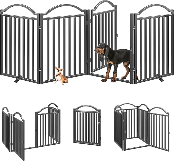 BHG Metal No-Assembly Freestanding Dog Gate with Door Walk Through, Extra Wide 96", Extra Tall 32" Pet Gate, Accordion Puppy Folding Playpen Dog Fence for Indoor & Outdoor, with 2PCS Support - Black-PawvioPets
